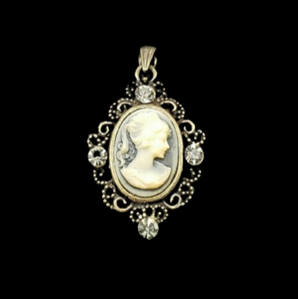 Cameo Lady Sillouette Pendant with Filligree Border Rhinestones on Bail